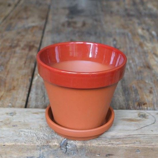 Picture of Terracotta Flower Pot & Saucer - 13cm - Red Glazed