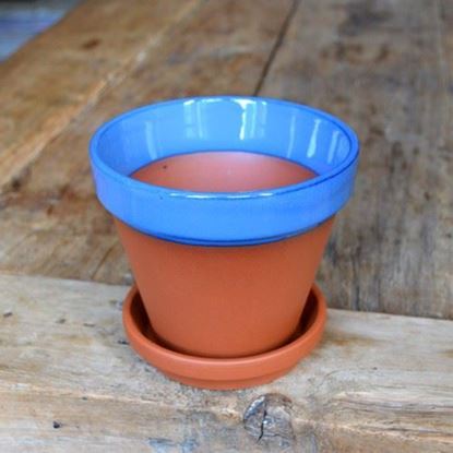 Picture of Terracotta Flower Pot & Saucer - 13cm - Blue Glazed