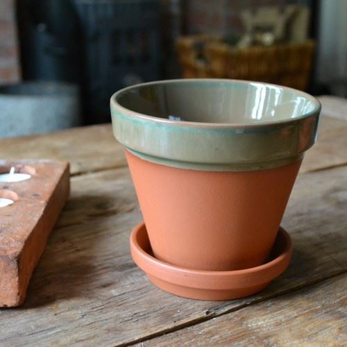 Terracotta Flower Pot & Saucer 13cm Green Glazed