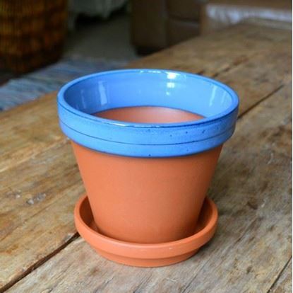 Picture of Terracotta Flower Pot & Saucer - 15cm - Blue Glazed