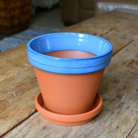 Picture of Terracotta Flower Pot & Saucer - 15cm - Blue Glazed