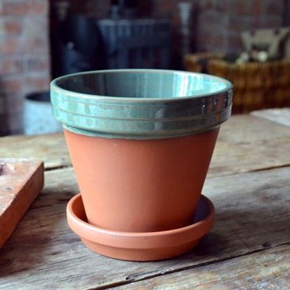 Picture of Terracotta Flower Pot & Saucer - 15cm - Green Glazed