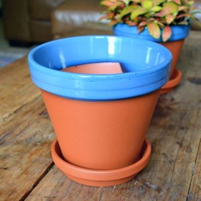 Picture of Terracotta Flower Pot & Saucer - 17cm - Blue Glazed